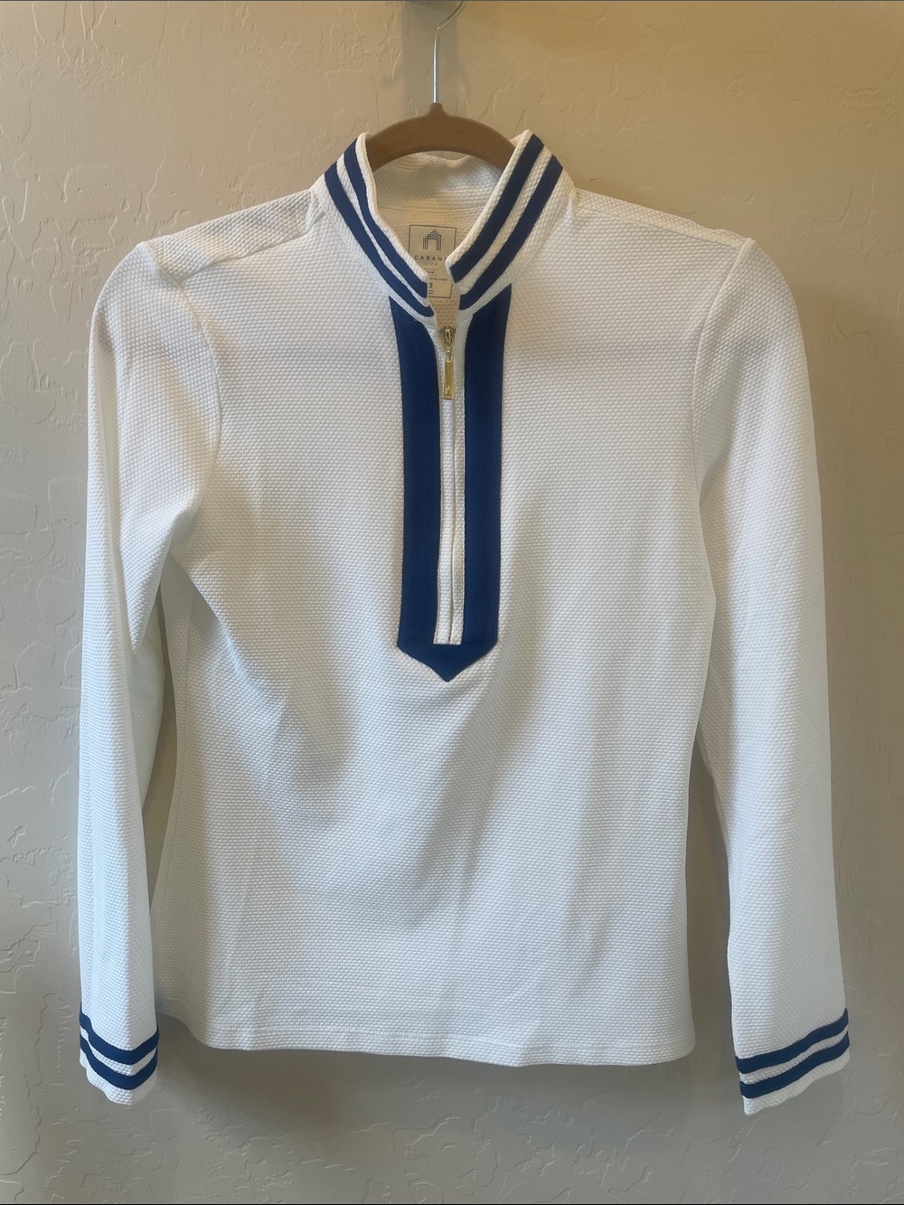 Cabana Life White Long Sleeve Half-zip Top XS with Navy Trim